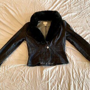 Vintage Y2K WHBM denim blazer with faux fur collar and rhinestone detail